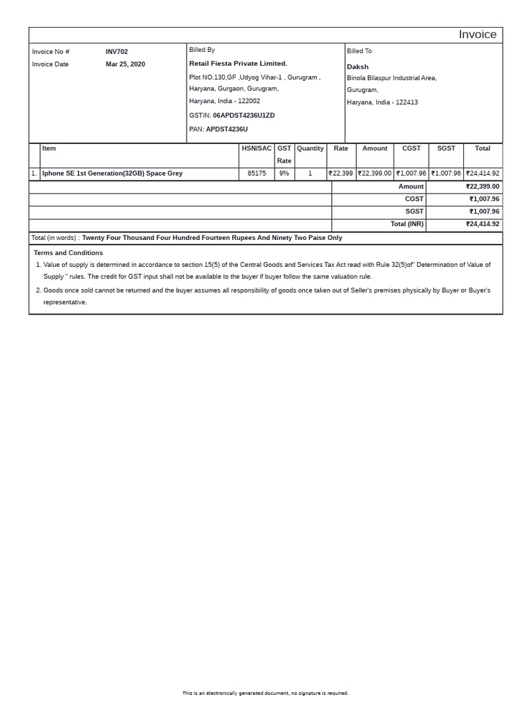 Invoice Inv702 Retail Fiesta Private Limited Daksh | PDF | Economy Of ...