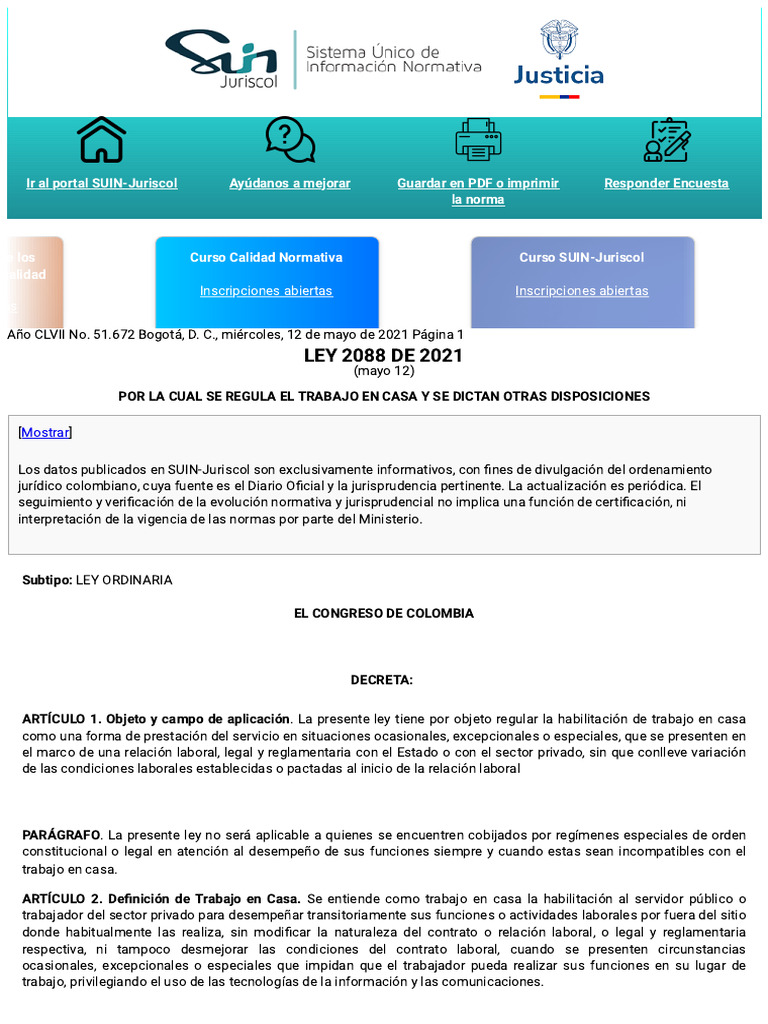 Ley 2088 de 2021: Trabajo en Casa en Colombia | PDF | Derecho laboral ...