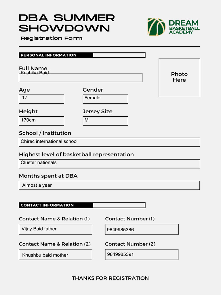 DBA Summer Showdown Registration | PDF