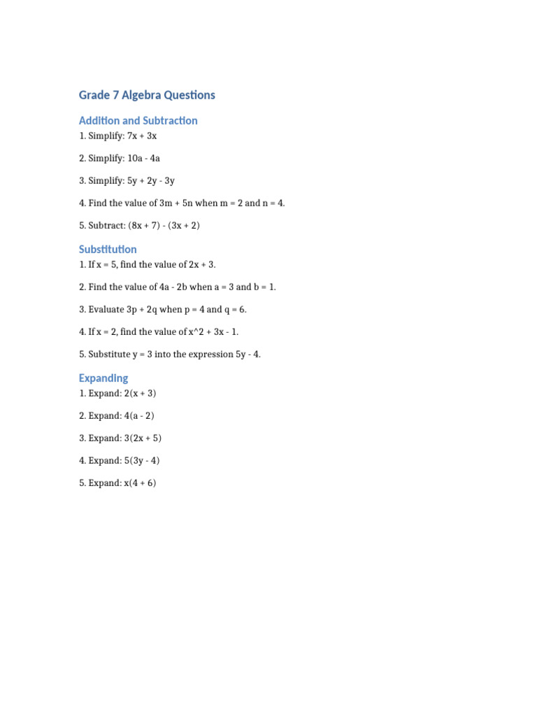 Grade 7 Algebra Questions | PDF