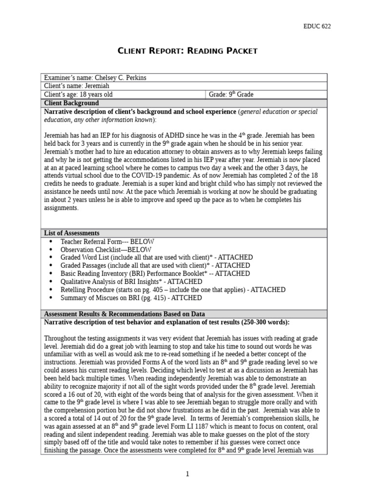 Client Report Reading EDUC 622 | PDF | Reading Comprehension ...