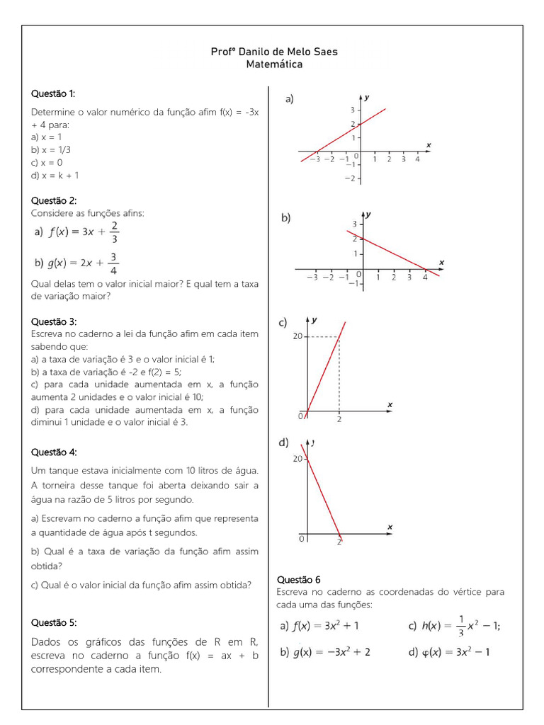 Funções Afins e Quadráticas: Exercícios | PDF