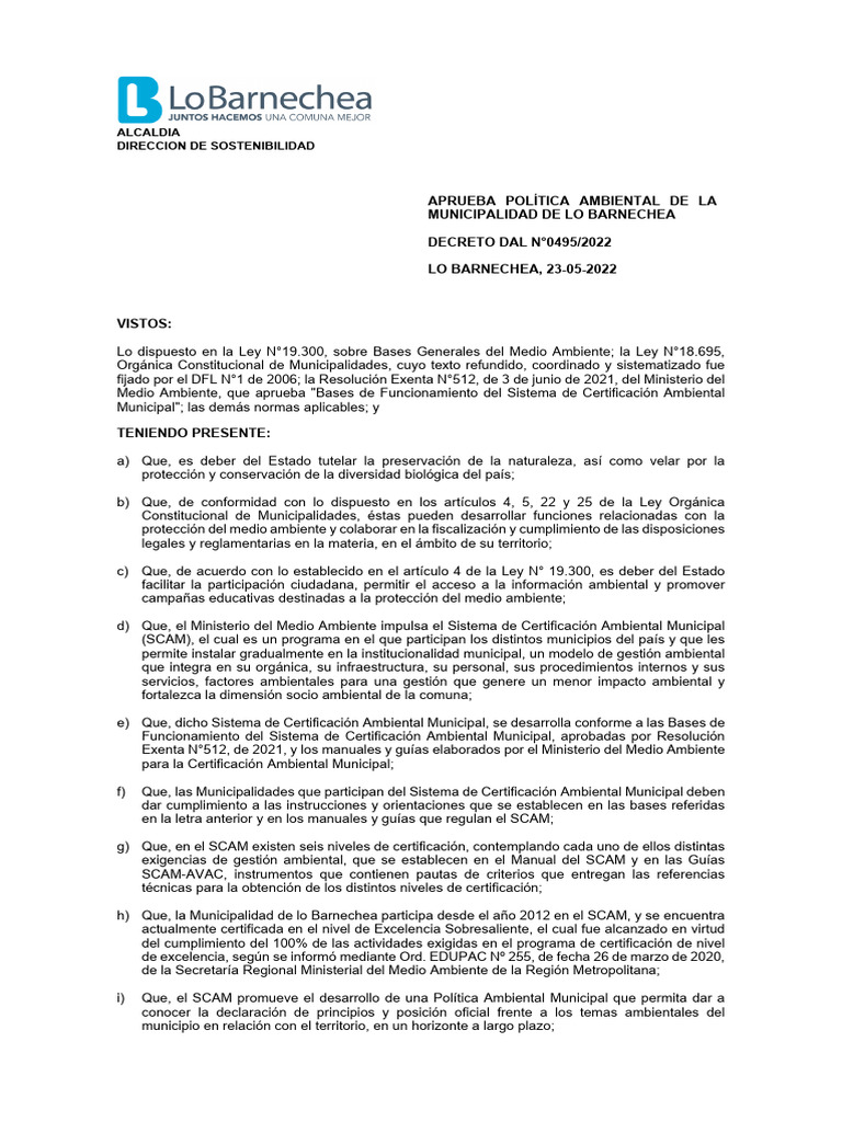 Decreto Exento Politica Ambiental Lo Barnechea | PDF | Sustentabilidad ...