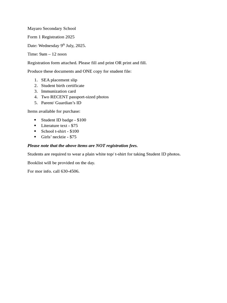 Mayaro Secondary School Form 1 Registration | PDF