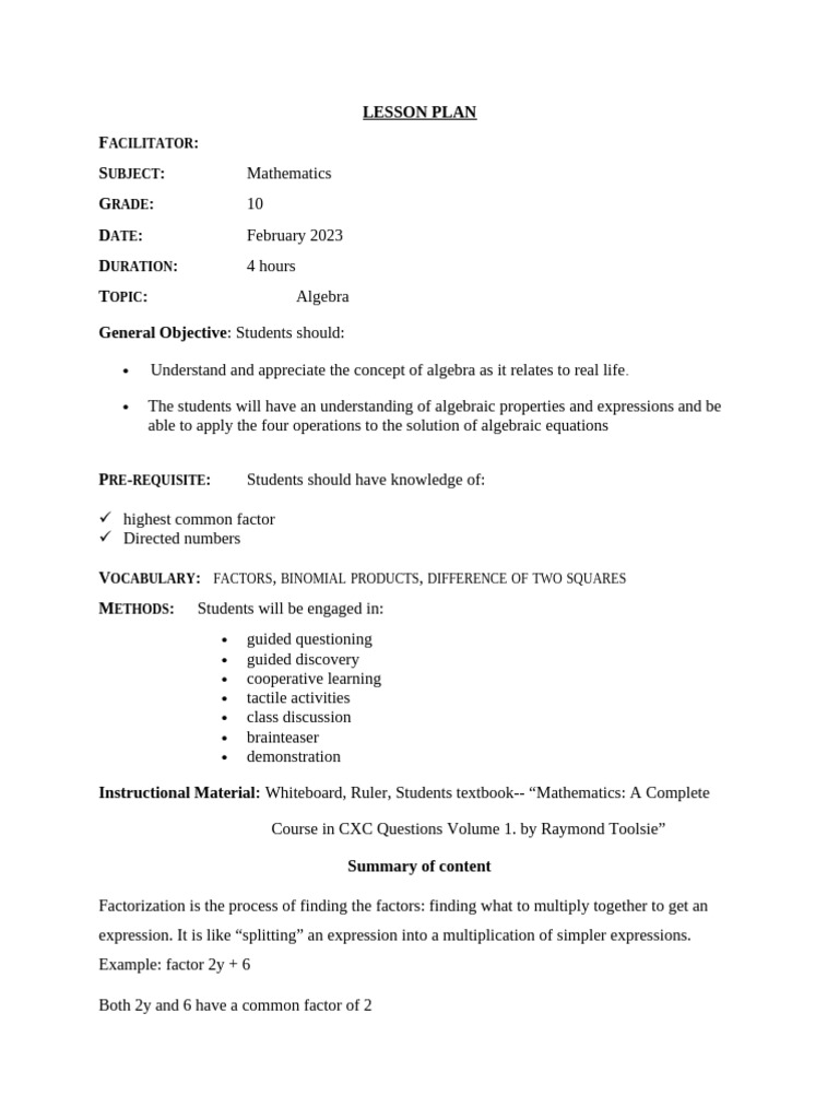Grade 10 Algebra Factorization | PDF | Algebra | Factorization