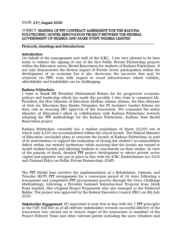 DGs Speech at Kadpoly Contract Signing On 21st August 2020 | PDF ...