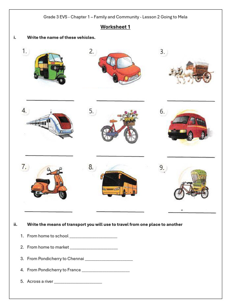 Class 3 EVS: Going to Mela Worksheets | PDF | Vehicles | Transport