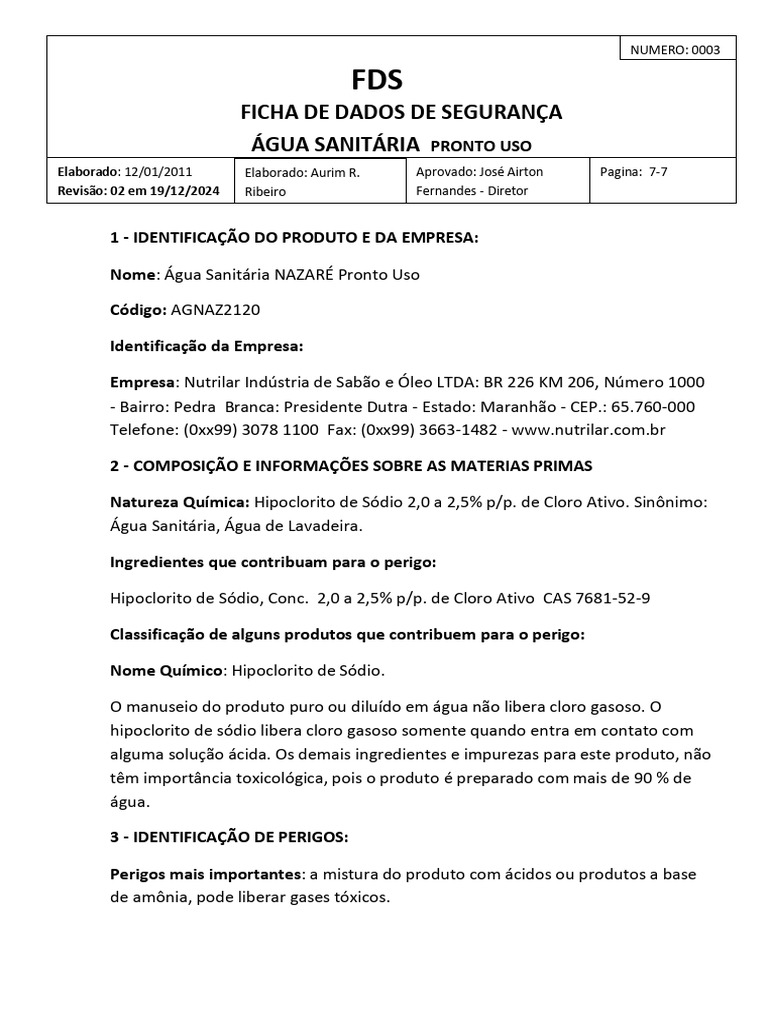 Ficha de Segurança Água Sanitária Pronto Uso | PDF