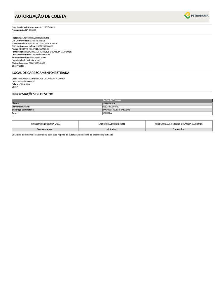Autorização de Coleta de Biodiesel B100 | PDF