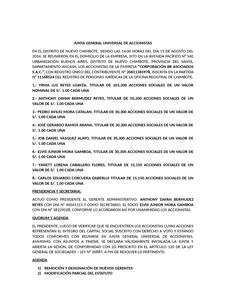 Acta de Junta General Universal de Accionistas - 3 | PDF | Sociedad de ...