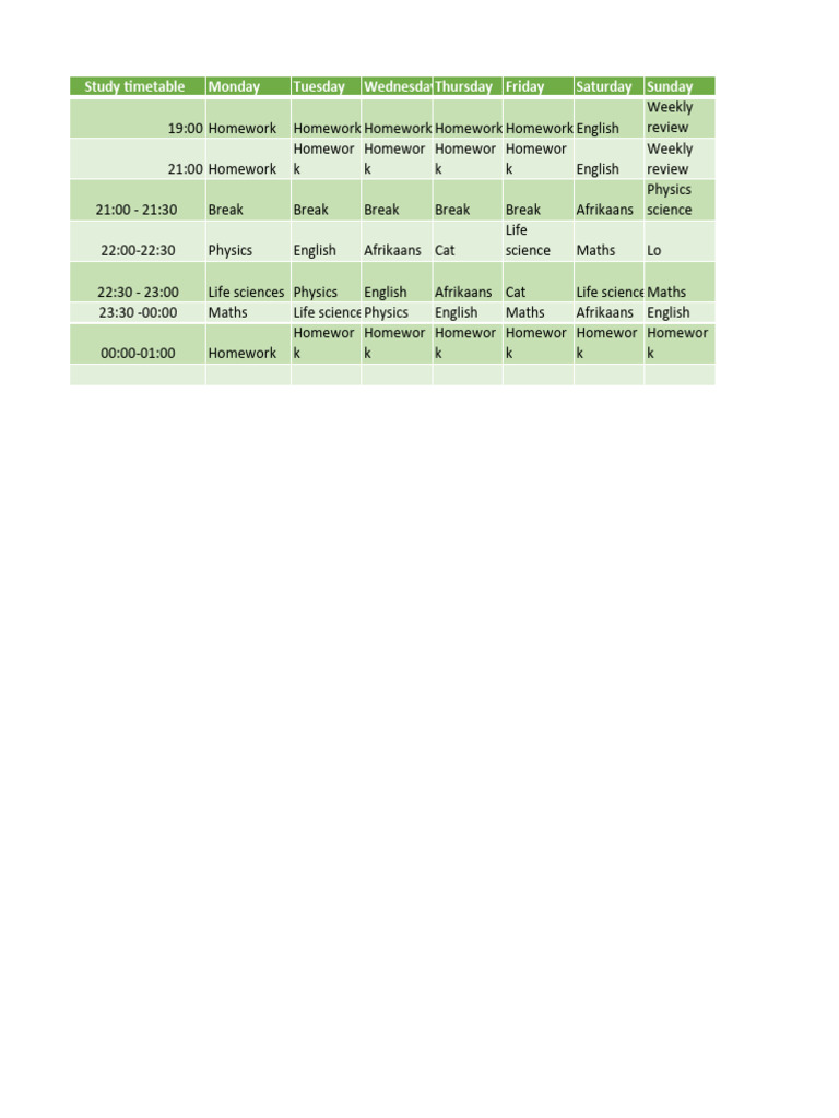Weekly Study Timetable Overview | PDF