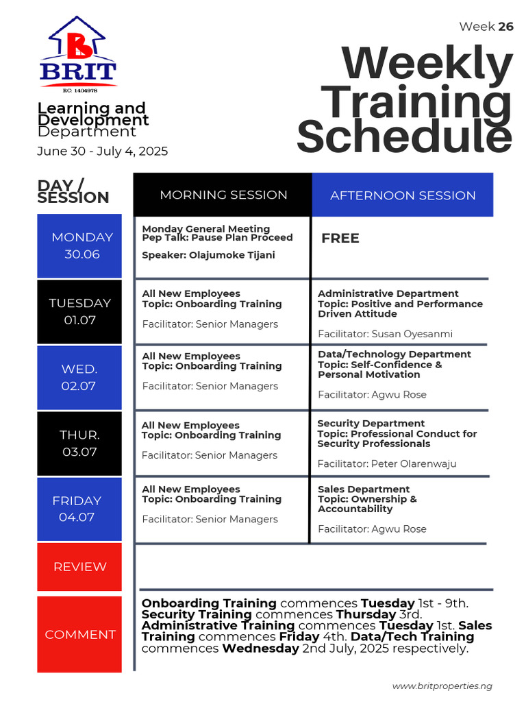 Weekly Training Schedule: June 30 - July 4 | PDF