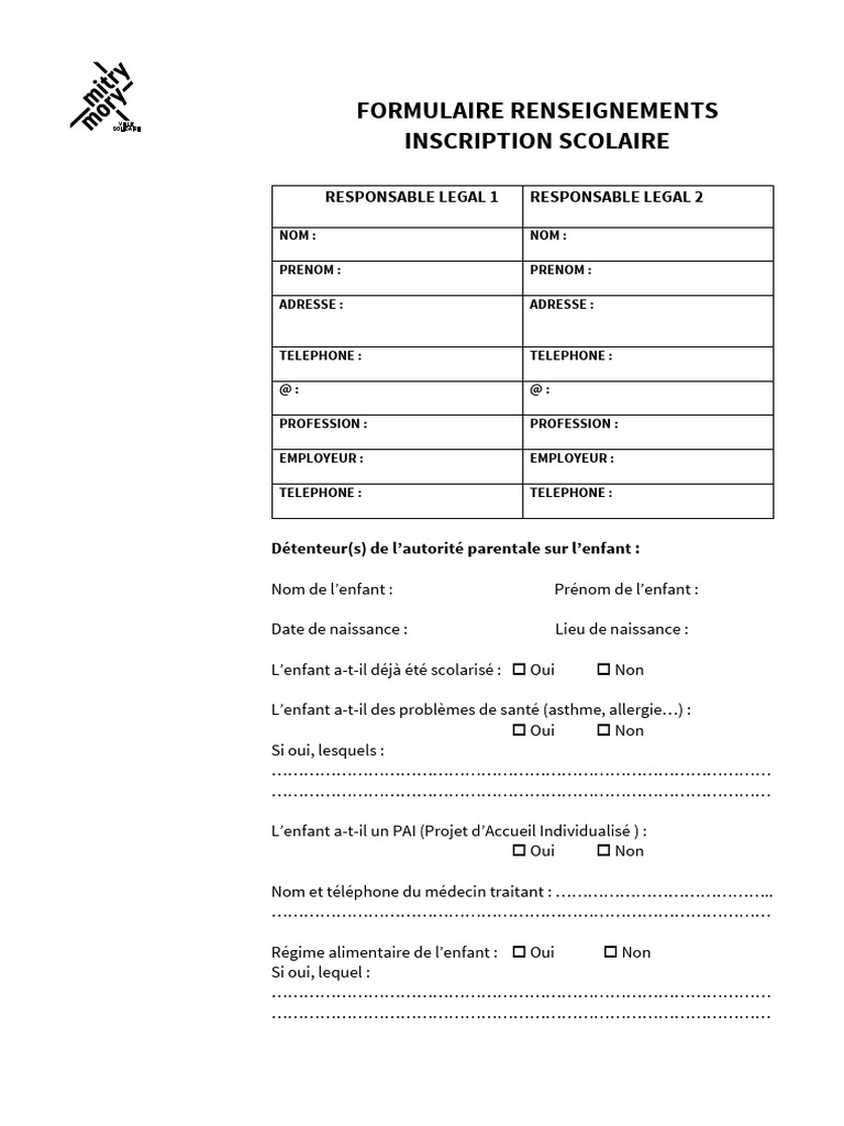 Formulaire d'inscription scolaire 2023 | PDF