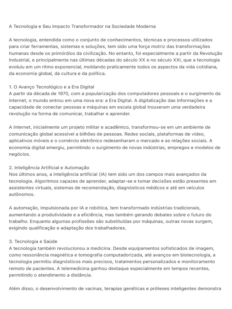 Impacto da Tecnologia na Sociedade Moderna | PDF | Inteligência ...