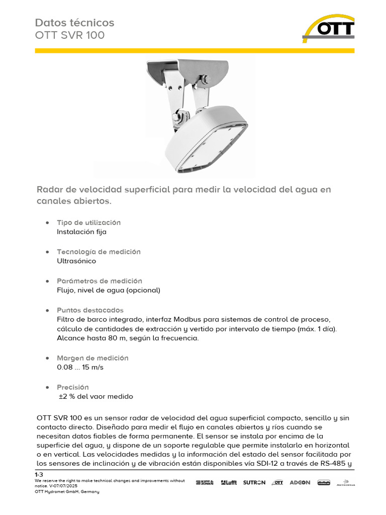 Sensor Radar OTT SVR 100 para Flujo de Agua | PDF | Sensor | Medición