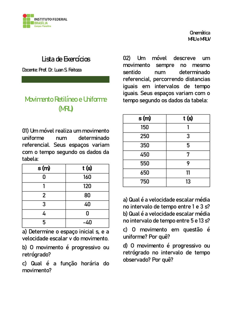 Lista - Cinemática - MRU e MRUV | PDF | Velocidade | Trajetória