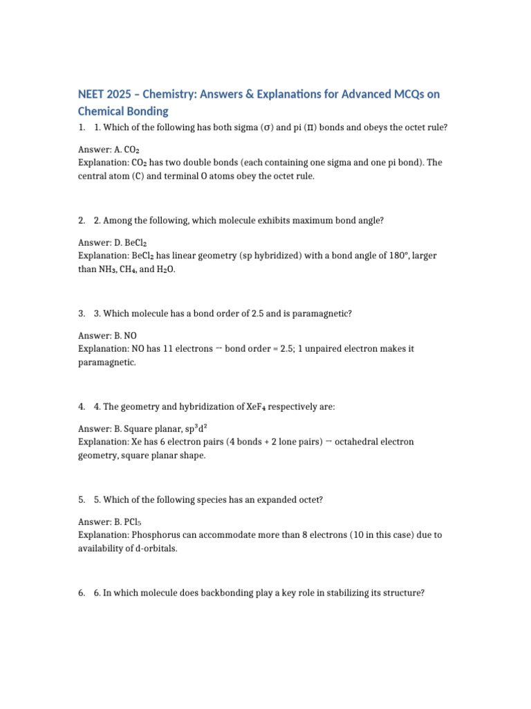 NEET 2025: Chemical Bonding MCQs | PDF | Molecular Orbital | Chemical Bond