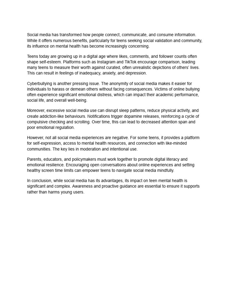 Social Media's Impact on Teen Mental Health | PDF