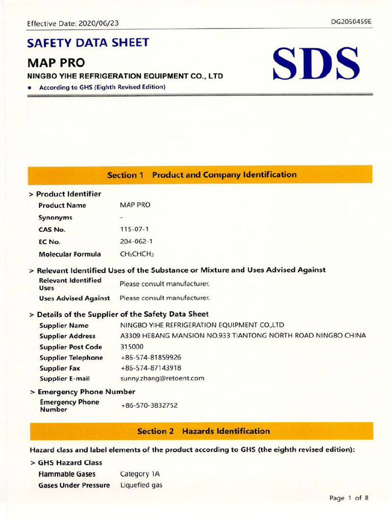 Hoja de Seguridad - Mp400 - Map Pro Propileno 400gr - RTM | PDF
