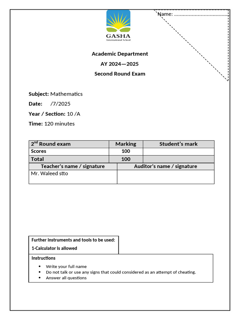 Final Exam Form Second Round - G 10 | PDF | Applied Mathematics ...