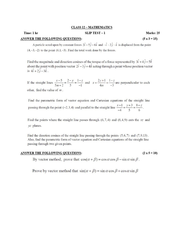 12 Maths-Test-01-Ch6-Vector Algebra (Ex 6p1, 6p4) | PDF