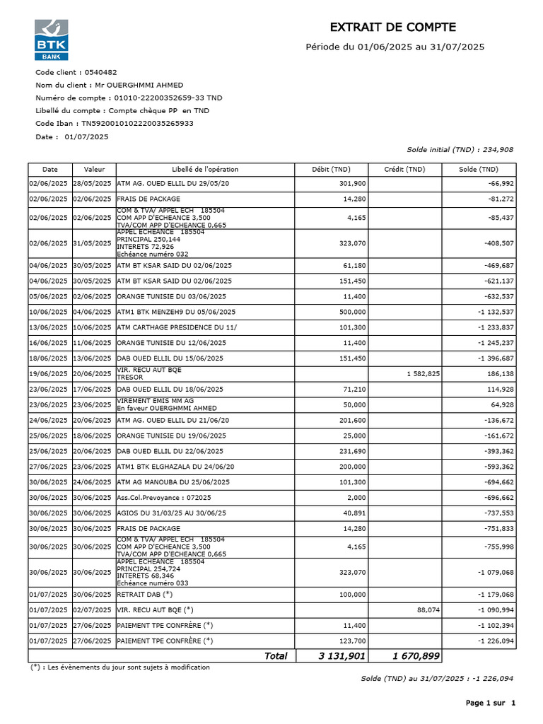 Extrait de compte chèque TND 2025 | PDF