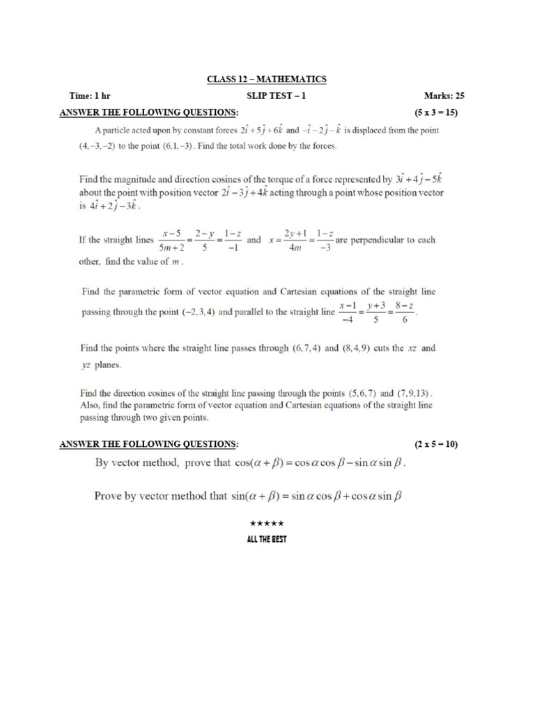 12SB Test 01 Ch6 Vector Algebra (Ex 6p1, 6p4) Saravanan | PDF