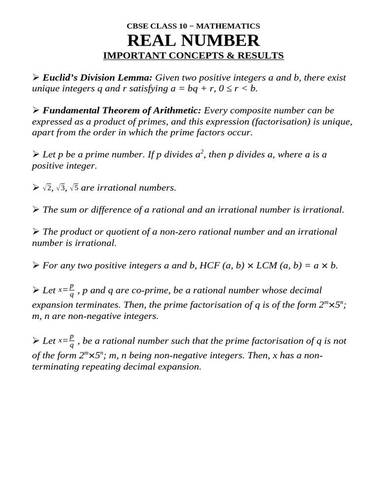 CB 10 Maths Important Concepts | PDF