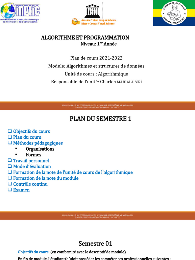 Cours d'Algorithmique 2022 - INPTIC | PDF | Algorithmes | Programmation ...