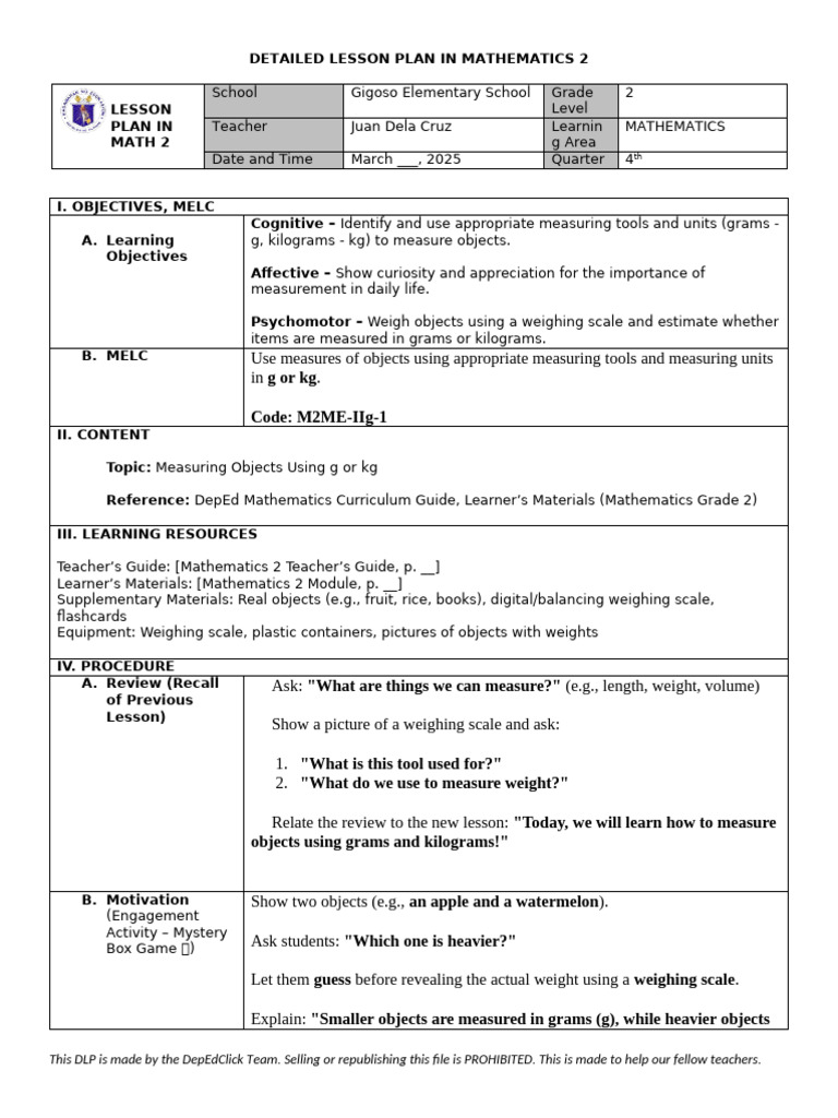 Grade 2 Math Lesson Plan: Weighing Objects | PDF | Weight | Kilogram