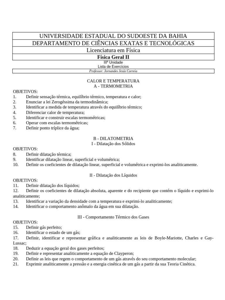Exercícios de Calor e Temperatura | PDF | Calor | Termômetro
