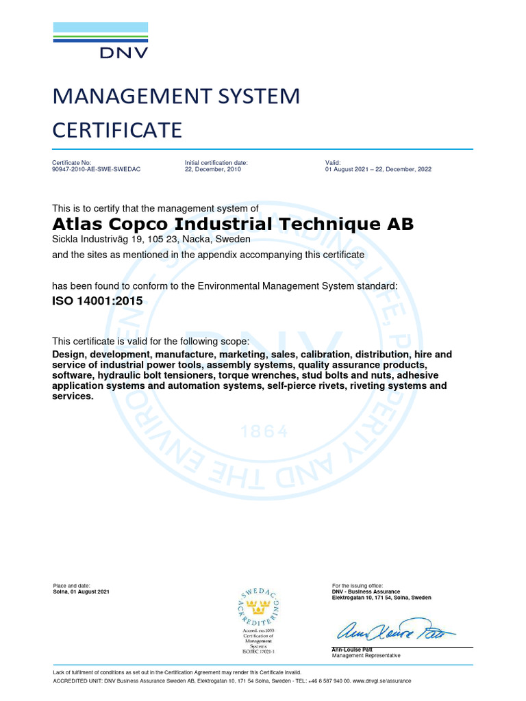 Atlas Copco ISO 14001 Certification | PDF | Nut (Hardware)