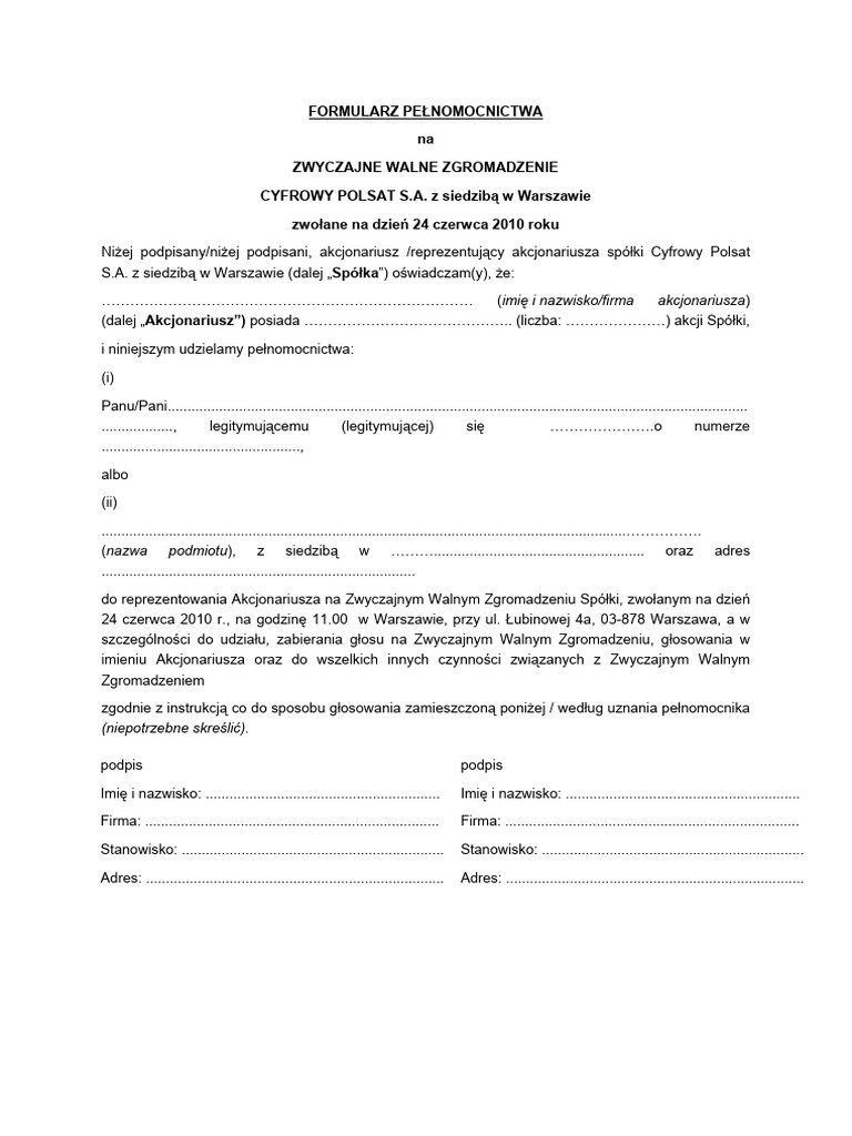 Formularz Pelnomocnictwa Pl-01 | PDF