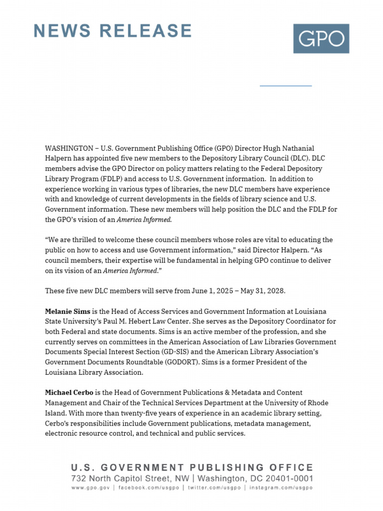 Gpo Director Names New Members To The Depository Library Council | PDF ...