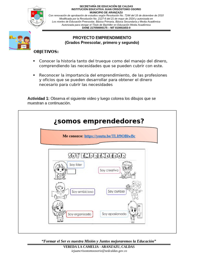 Proyecto de Emprendimiento Escolar | PDF | Educación Secundaria ...