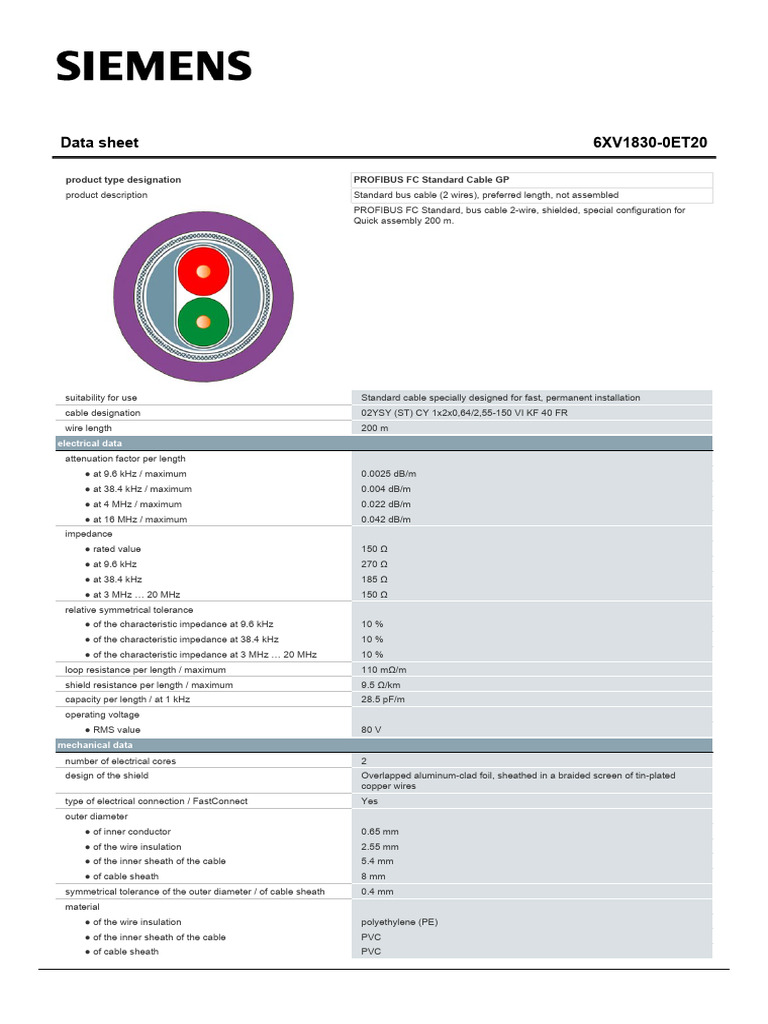 PROFIBUS FC Standard Cable Data Sheet | PDF | Wire | Insulator ...
