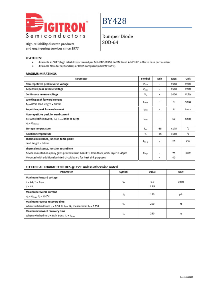 BY428 Damper Diode Specifications | PDF | Diode | Electrical Engineering