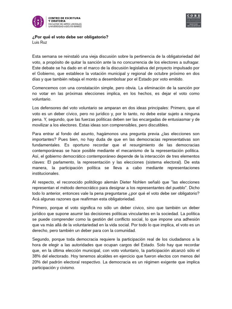Importancia del Voto Obligatorio en Democracia | PDF | Votación ...