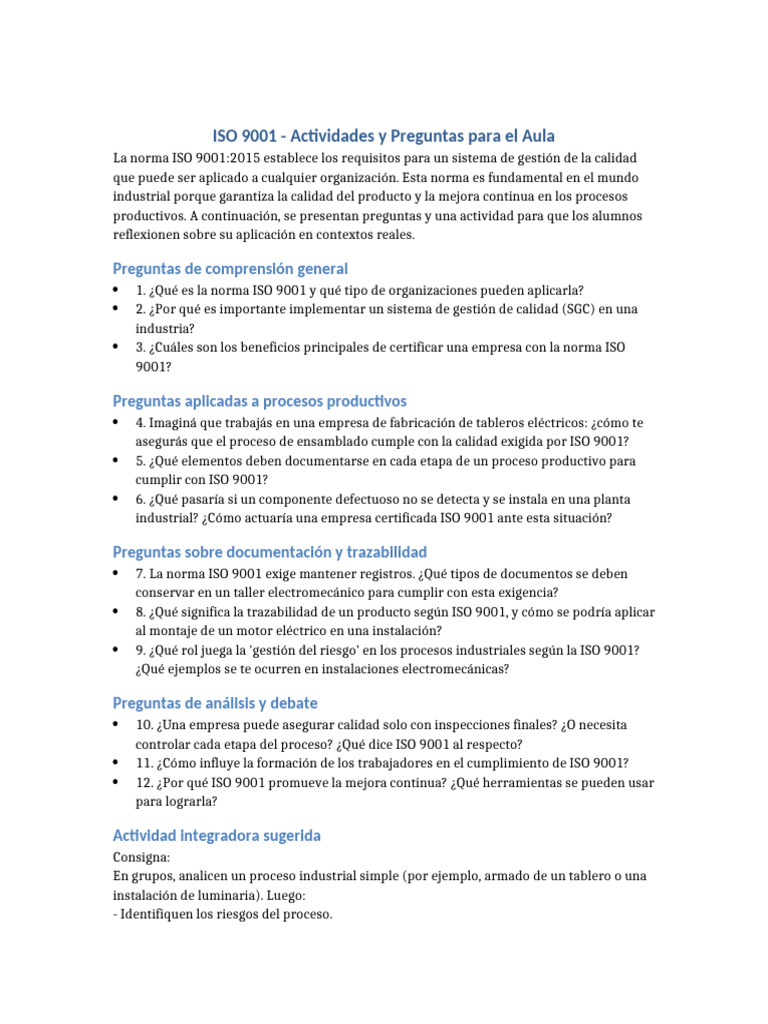 ISO 9001: Actividades y Preguntas para Aula | PDF | Sistema de manejo ...