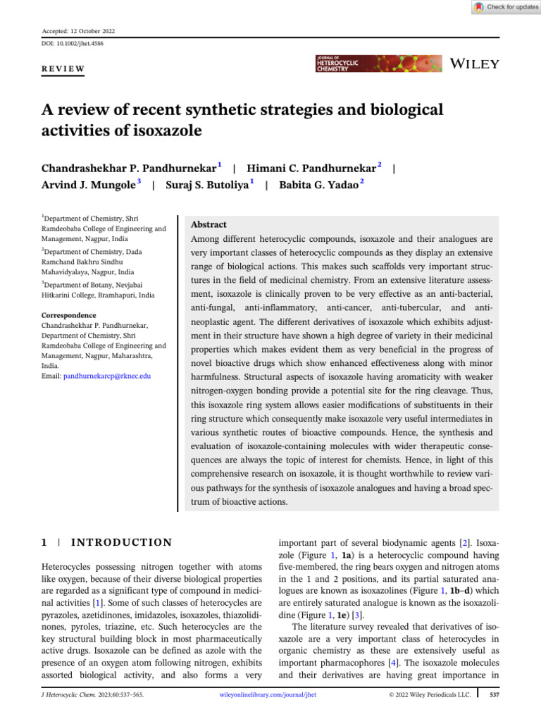 Journal of Heterocyclic Chem 2022 Pandhurnekar A Review of Recent