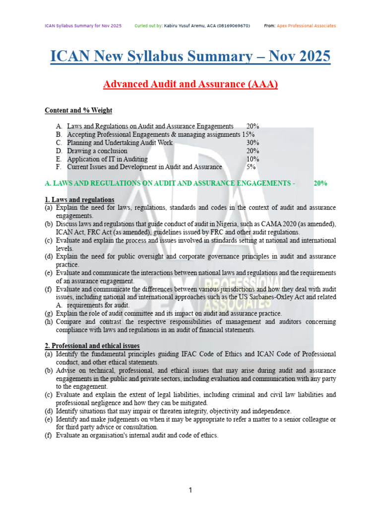 ICAN Nov 2025 Audit Syllabus Overview | PDF | Audit | International ...