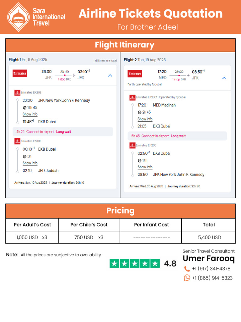 Emirates Tickets Quotation For Brother Adeel | PDF