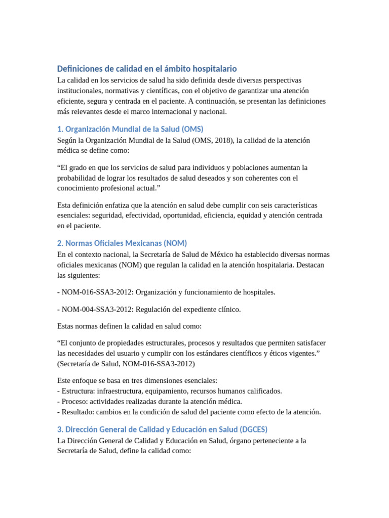 Definiciones de calidad en salud hospitalaria | PDF | Cuidado de la ...
