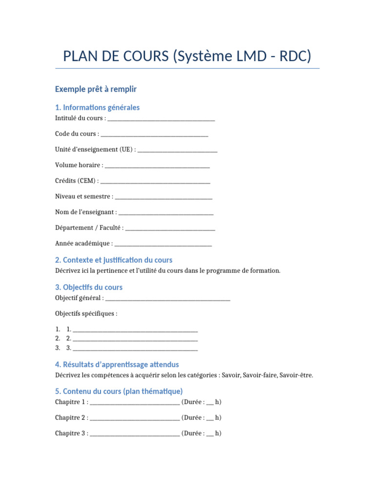 Plan de Cours LMD RDC Modele | PDF