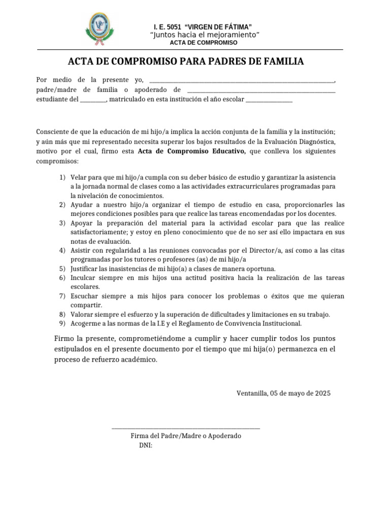 Acta de Compromiso para Padres de Familia | PDF | Aprendizaje