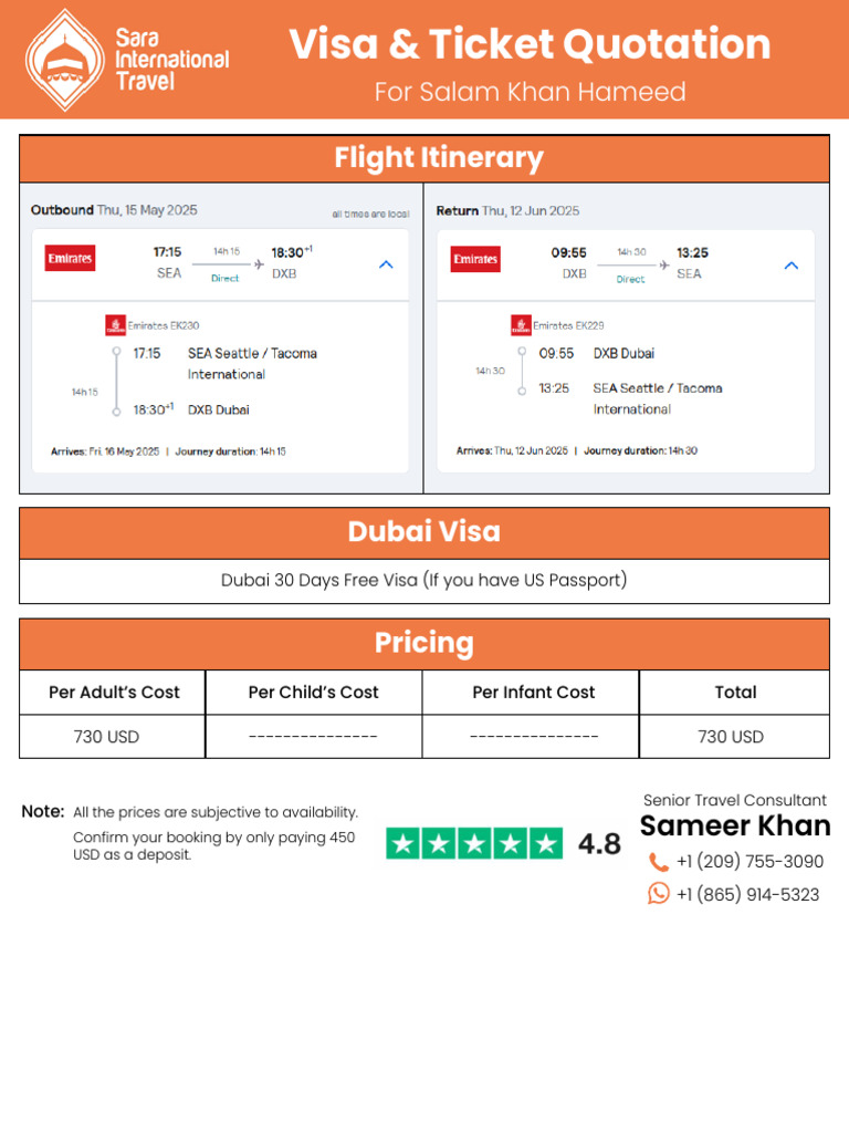 Visa & Ticket Quotation For Salam Khan Hameed | PDF