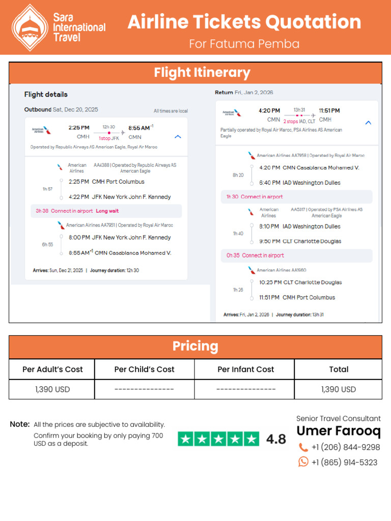 Tickets Quotation For Sister Fatuma Pemba Updated | PDF
