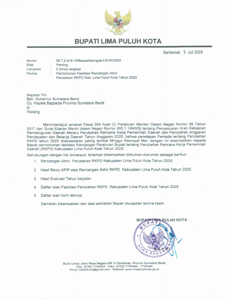 Surat Permohonan Fasilitasi Perubahan RKPD 2025 | PDF
