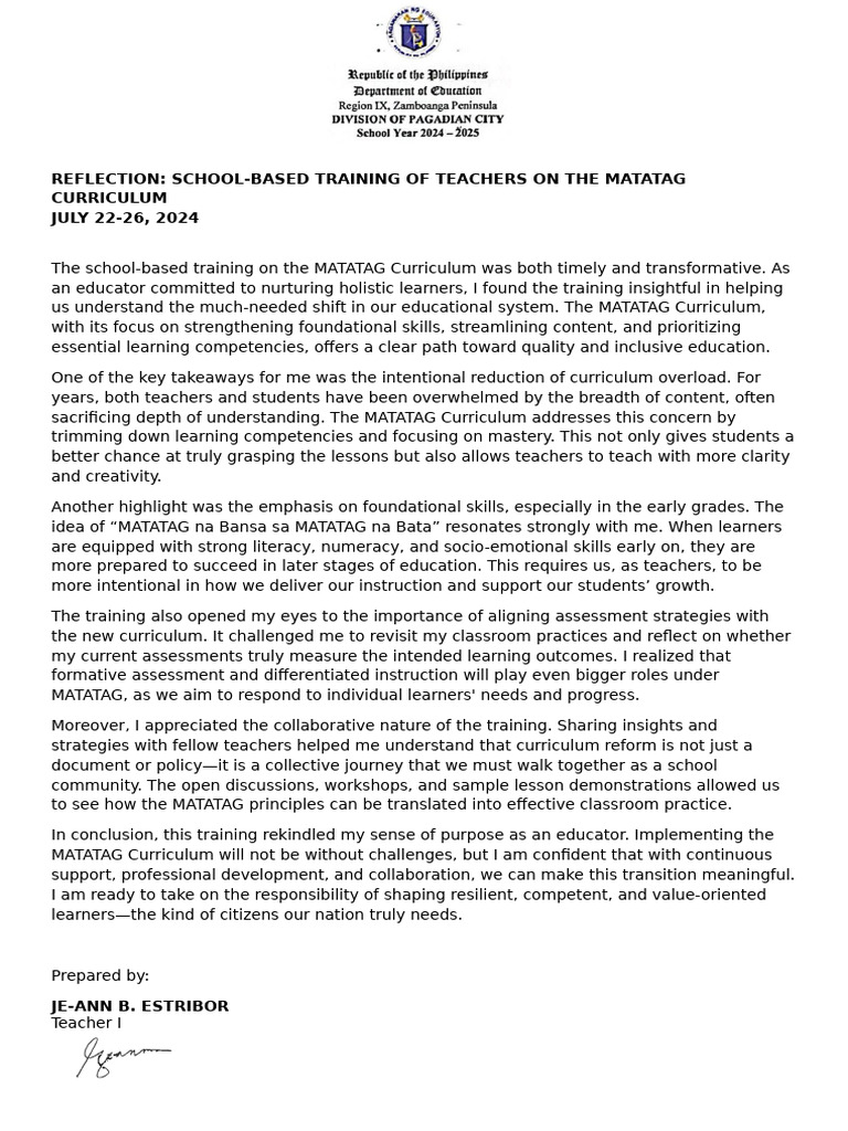 Teacher Reflections on MATATAG Training | PDF | Curriculum ...