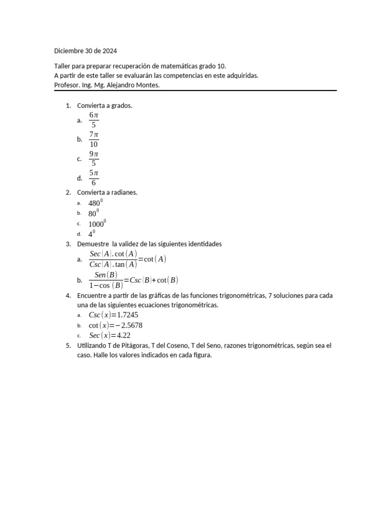Taller 1 Recuperacion Grado 10 Matematicas | PDF